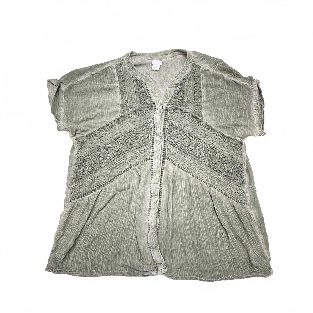 Chico's Women's Embroidered Boho lace trim Button-Up Blouse‎ size XL loose fit